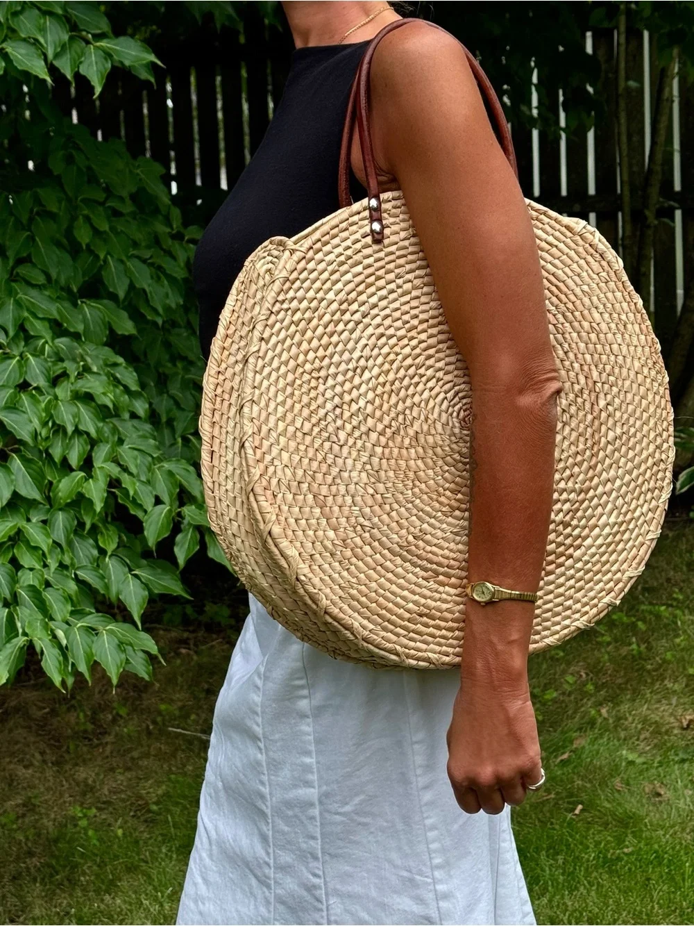 Hand Woven Round Straw Tote Bag with Brown Leather Handles